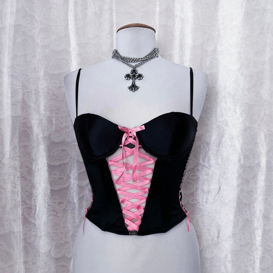 H&M little hot black corset top with lace-up pink bow 🎀
