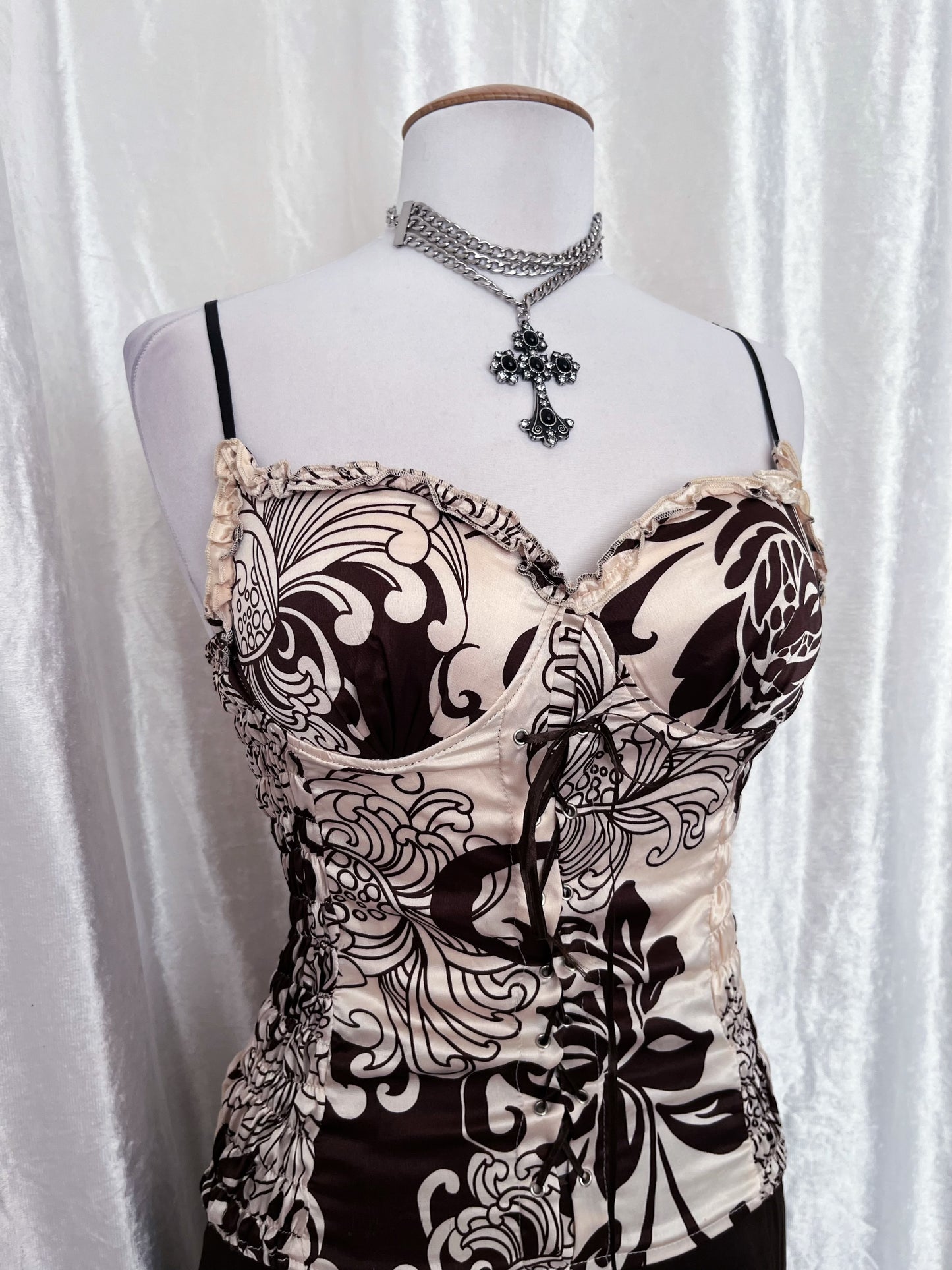 Fairy beige & brown corset bustier top with lace-up detail 🐌