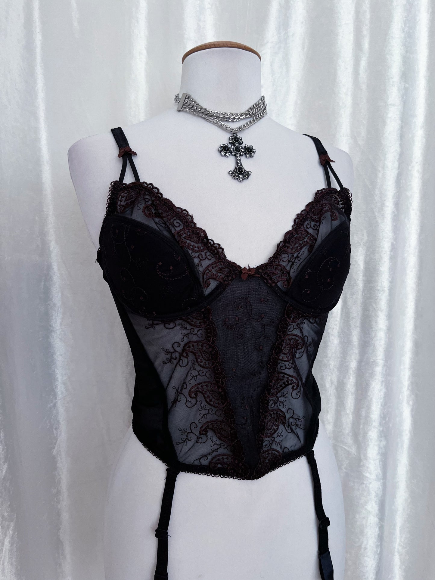Whimsy mesh black corset with brown embroidery ✨