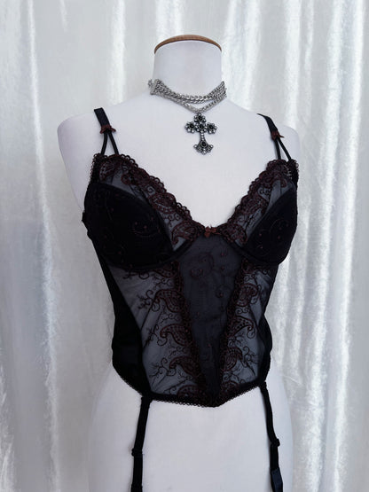 Whimsy mesh black corset with brown embroidery ✨