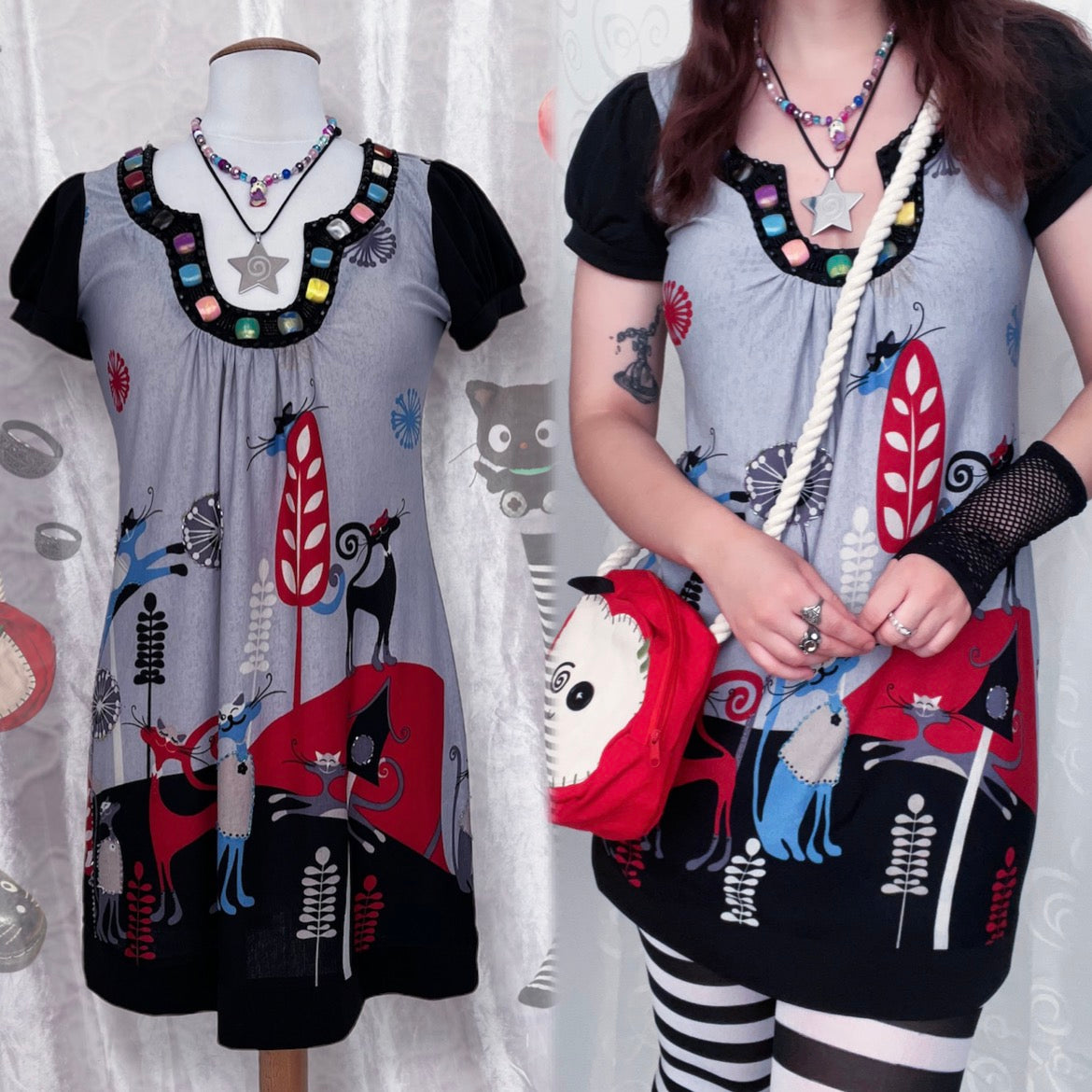 00’s Twee style dress with cat print & beads 🌀✨🐈‍⬛🎠