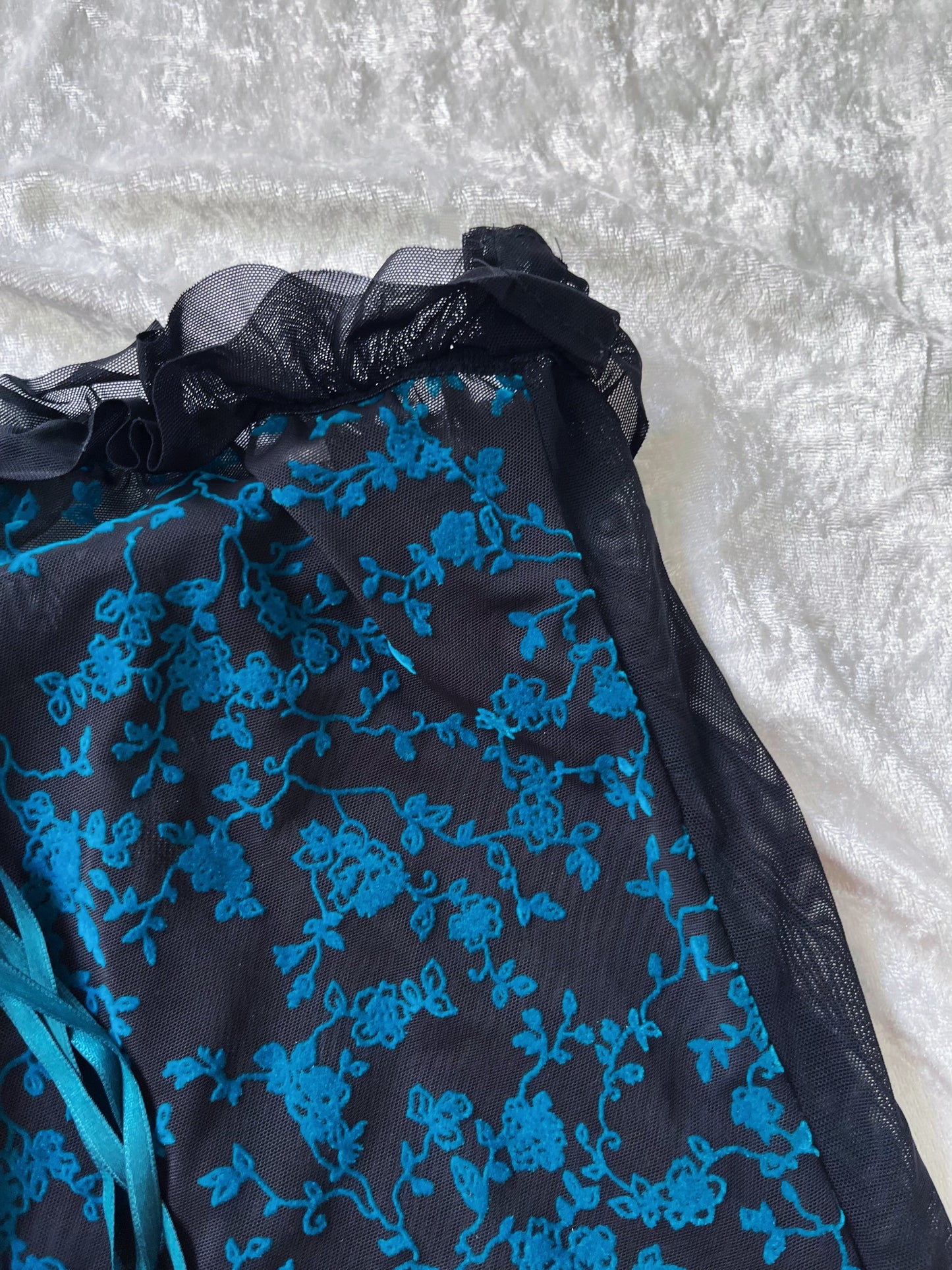 Dark whimsy see-through mesh lace-up top with teal velvet embroidered details 🦇