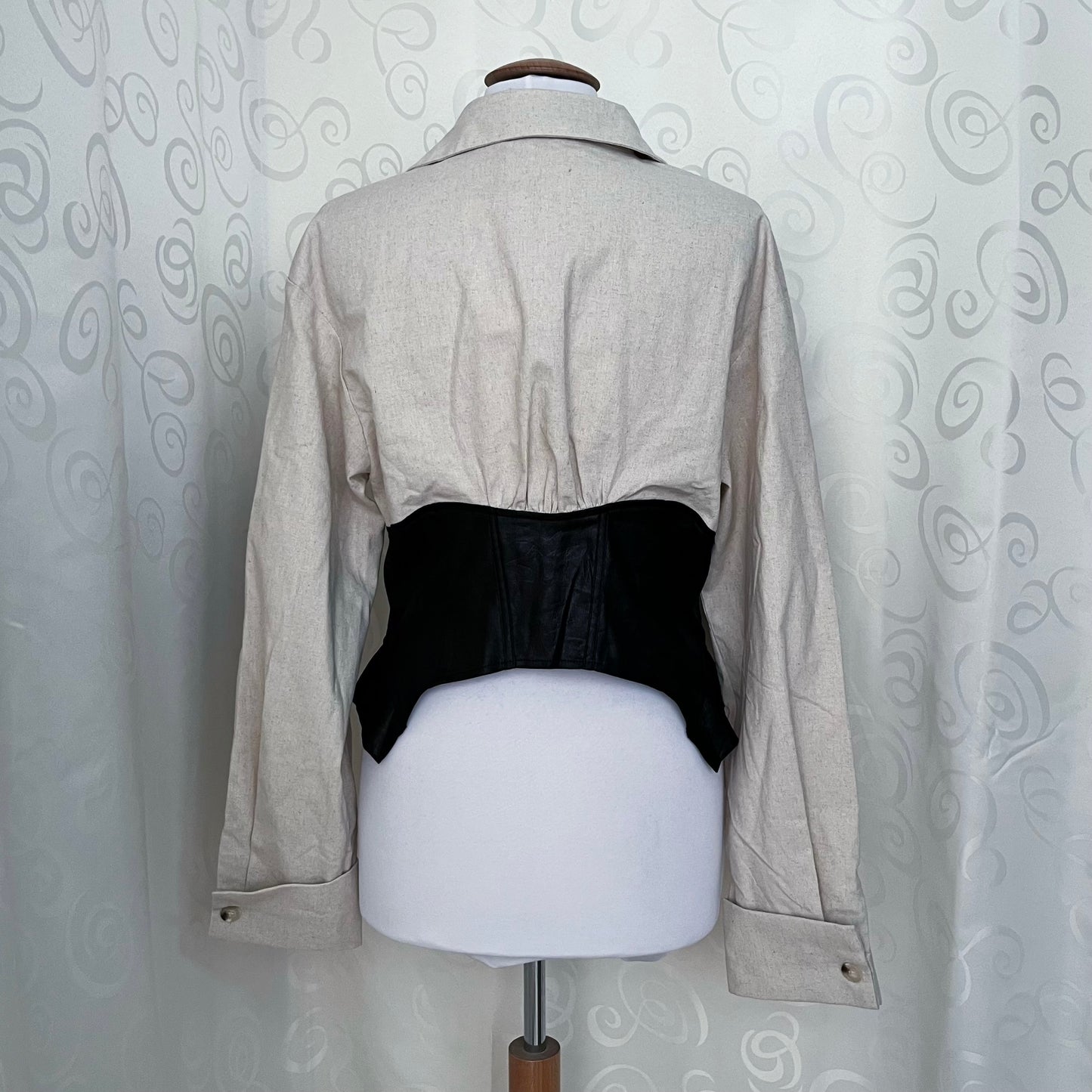 Modern gothic linen shirt with faux leather corset detail 🖤