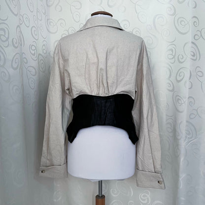Modern gothic linen shirt with faux leather corset detail 🖤