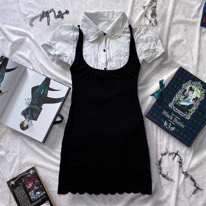 Dark coquette black dress with shirt & puff sleeves 🎼🎹