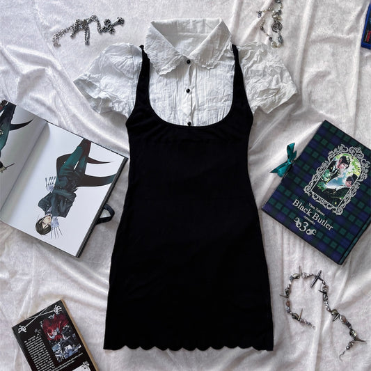 Dark coquette black dress with shirt & puff sleeves 🎼🎹