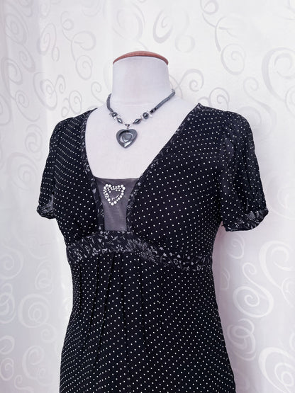Dark coquette polka dot silk & viscose dress with heart bead detail 🎹🎶