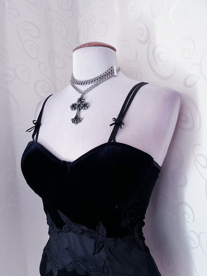 00’s Whimsygoth black velvet corset with mesh & embroidered detail 🖤🌀