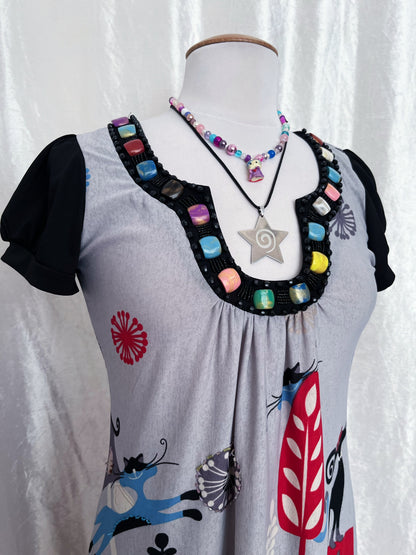 00’s Twee style dress with cat print & beads 🌀✨🐈‍⬛🎠