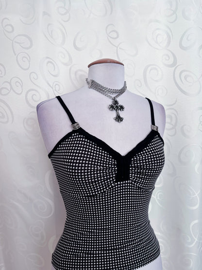 Twee little checked cami top with metallic hoops on the straps 🌀