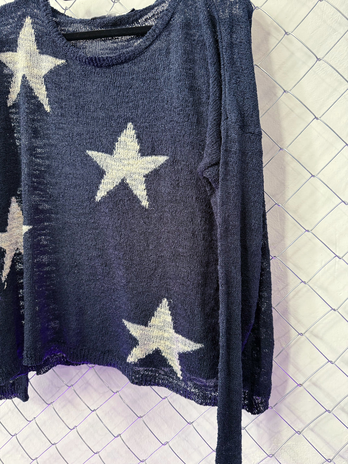 Coraline-style blue light sweater with stars 🗝 ⚉ 🪡 🐈‍⬛