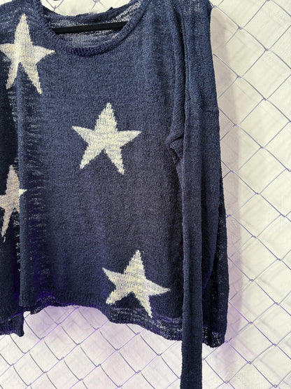 Coraline-style blue light sweater with stars 🗝 ⚉ 🪡 🐈‍⬛