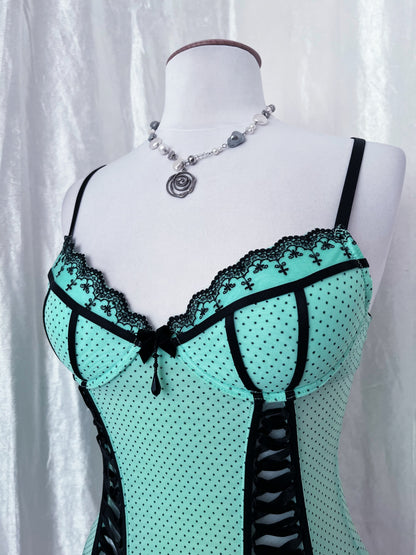 Iconic mint polka corset top with lace-up detail 🍵