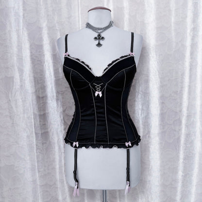 Gothic coquette black corset top with garters 🎀