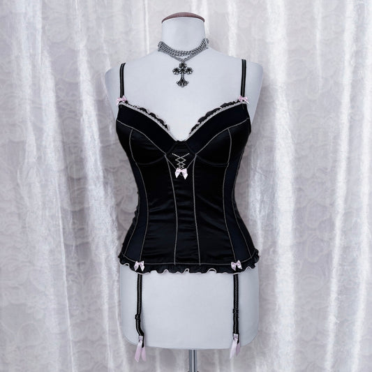 Gothic coquette black corset top with garters 🎀