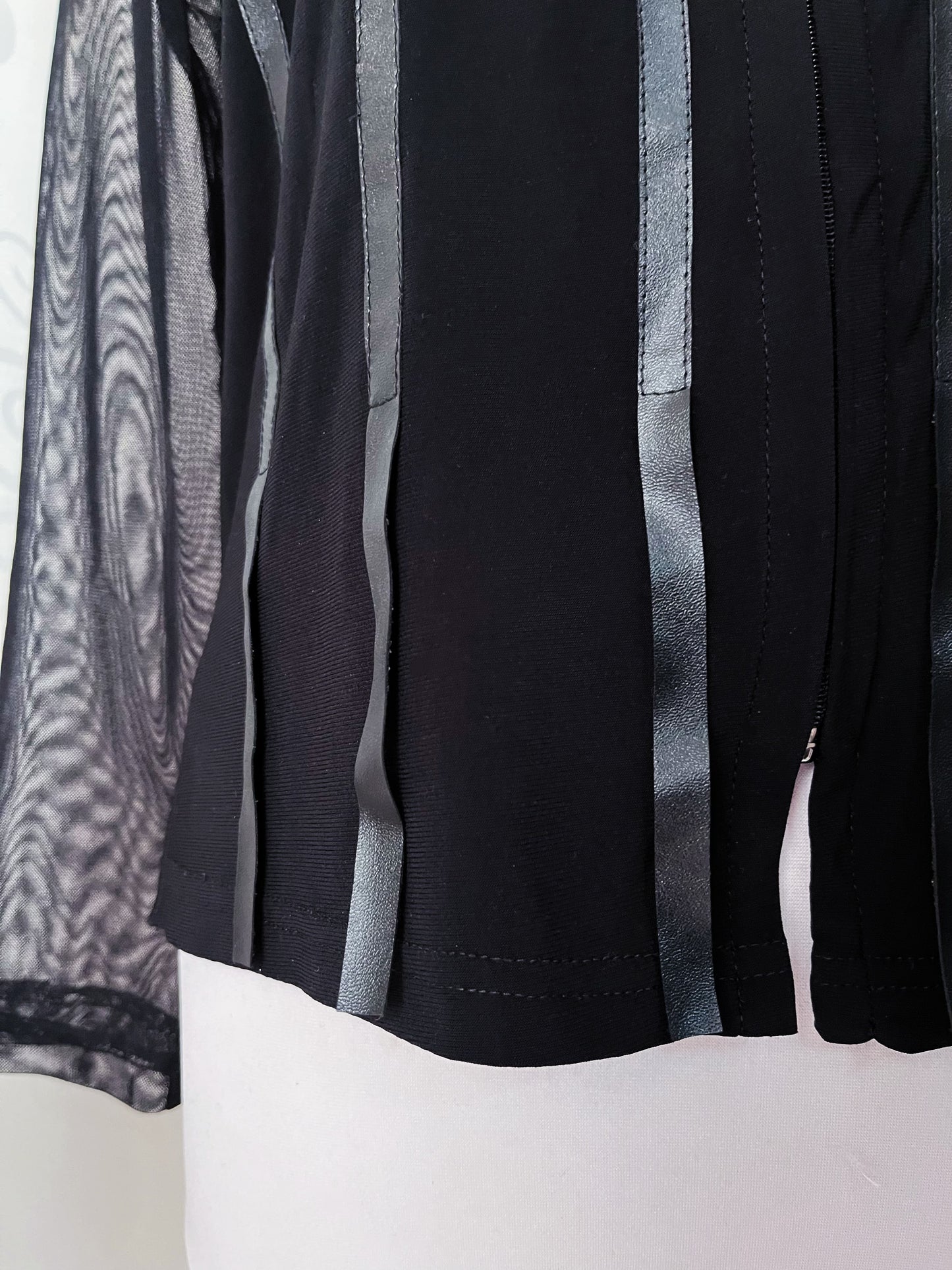 00's Gothic black zip-up shirt with mesh sleeves & satin striped details 🦇🌀
