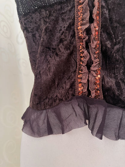 00’s deadstock whimsy fairy brown top with velvet, sequin & tulle detail 🌀🐌