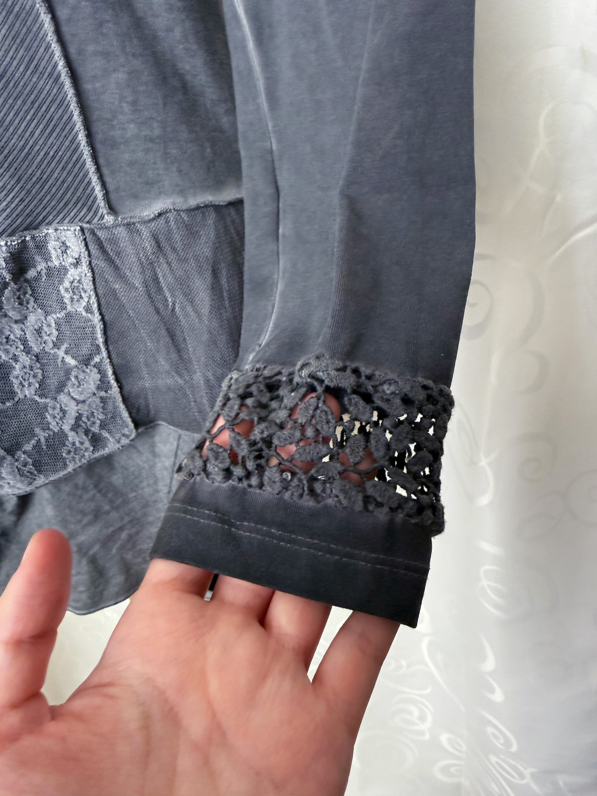 00’s whimsygoth patchwork grey jacket with lace details 🦇🗝️🦋