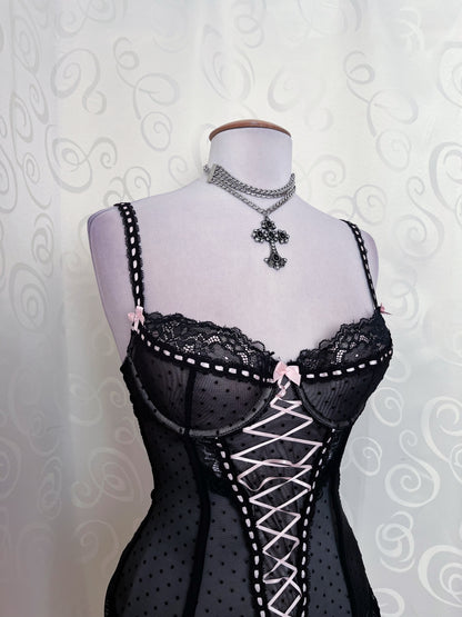 Dark Coquette black & pink lace up corset 🎀