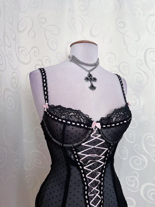 Dark Coquette black & pink lace up corset 🎀