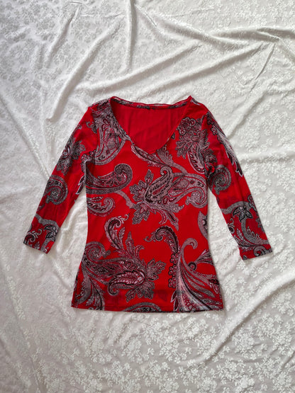 Y2k paisley pattern red mesh top 🦋