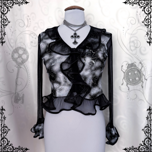 00’s iconic Whimsygoth ruffle crop top with spiral details & mesh sleeves 🌀