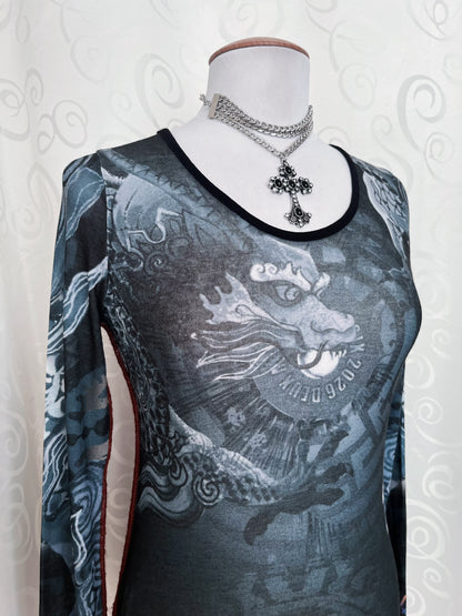 00’s rare dragon sheer top with side stitches🌀🐉🀄️