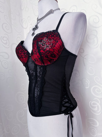 Iconic mesh black corset with lace-up details & red lacey bustier ❤️🕷️