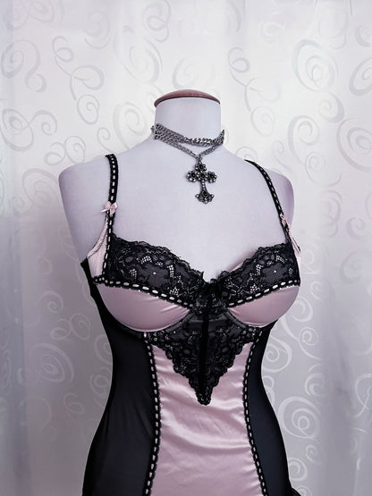 00's dark coquette mesh & satin pink bustier/nightgown 🎀