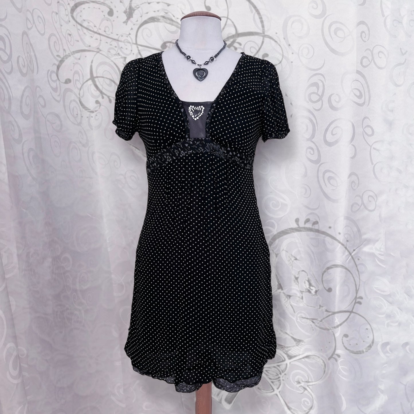 Dark coquette polka dot silk & viscose dress with heart bead detail 🎹🎶