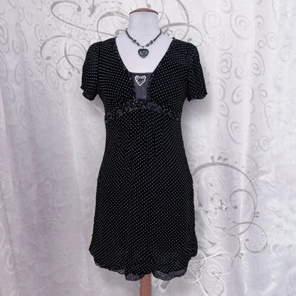 Dark coquette polka dot silk & viscose dress with heart bead detail 🎹🎶