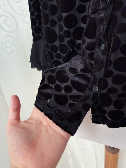 00’s Gothic mesh velvet polka dot shirt with ruffle & lace-up details 🦇