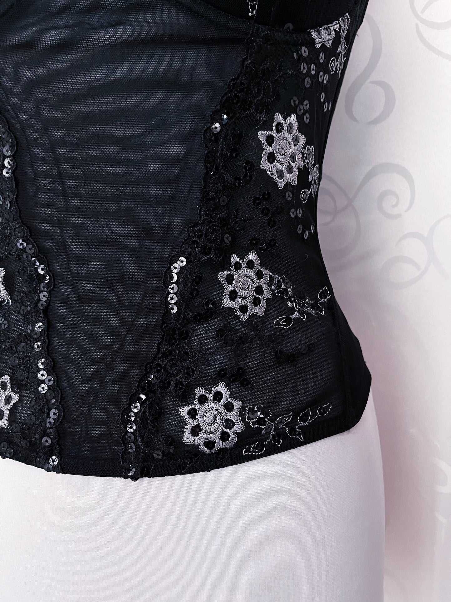 00's fairy black mesh corset with embroidered details 🦷🗝