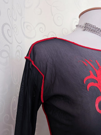 00’s Dark Star gothic mesh tribal print top with bell sleeves 🫀❤️