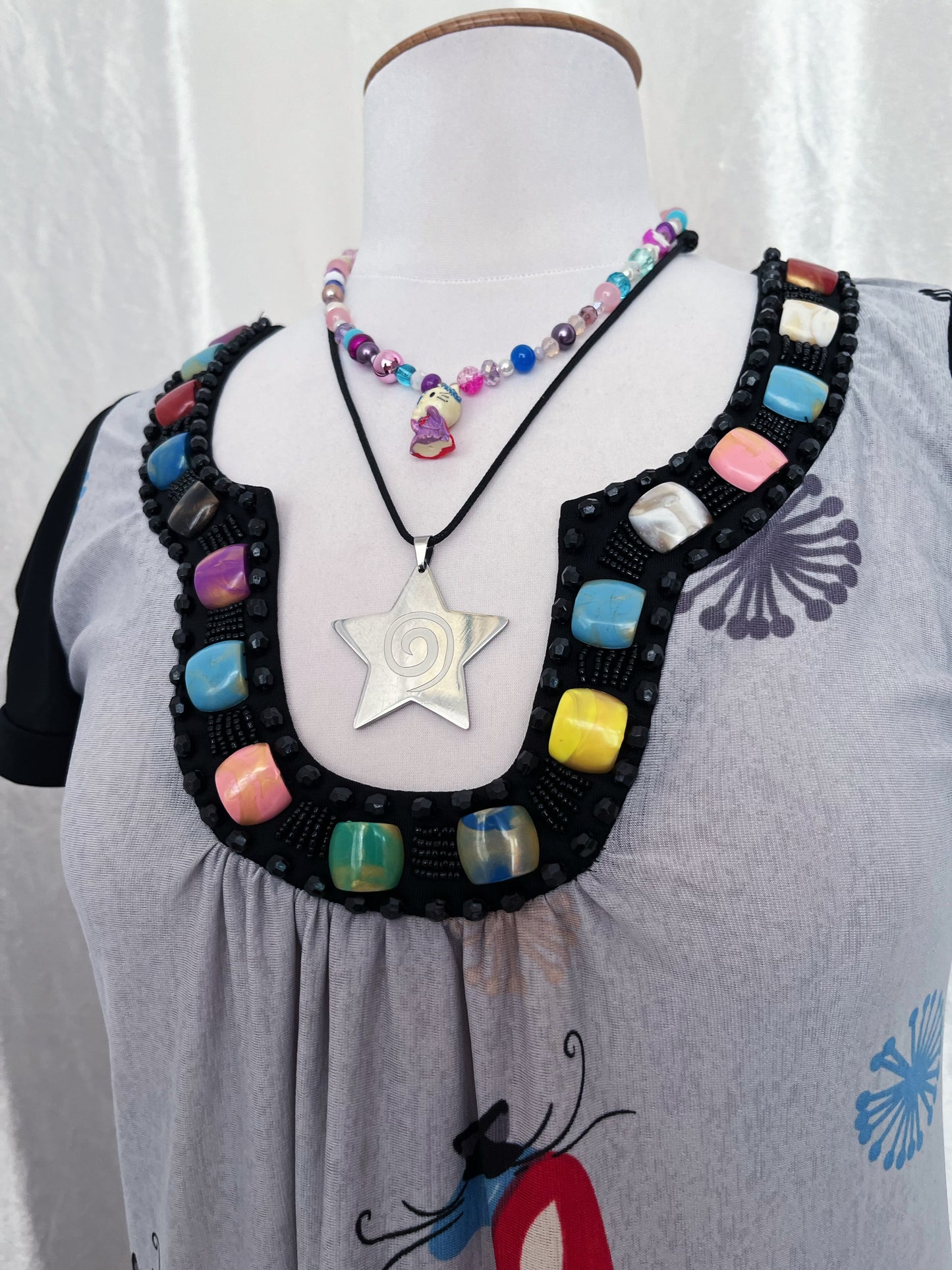00’s Twee style dress with cat print & beads 🌀✨🐈‍⬛🎠