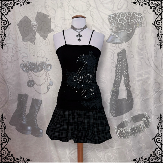 Y2K style Emo Alt dress with plaid skirt detail 🦝🦇