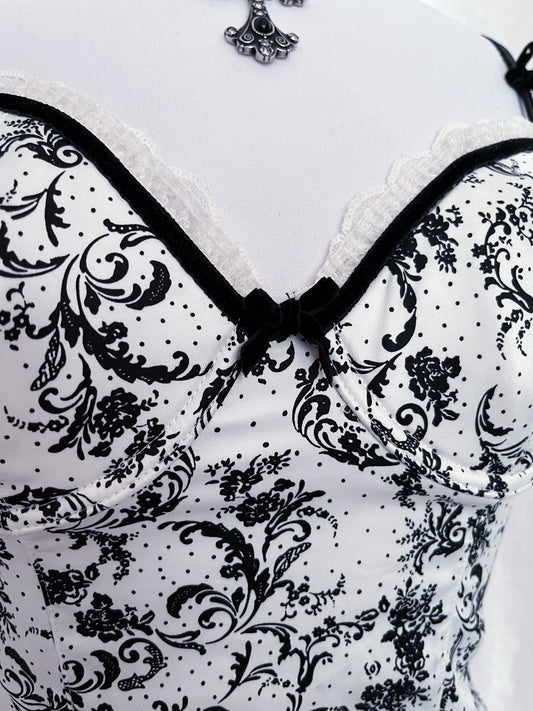 Gothic coquette white corset with black print details 🕷️🎀