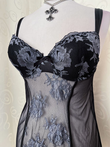 Whimsygoth black & grey mesh nightgown 🕷️