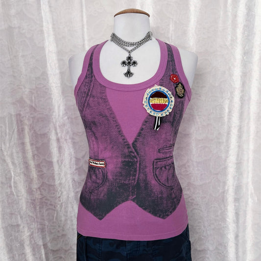 00’s pink woman tank top with vest print & patches