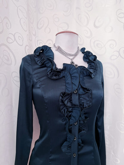 00’s Jirai Kei dark teal ruffle satin shirt 🌀🍃