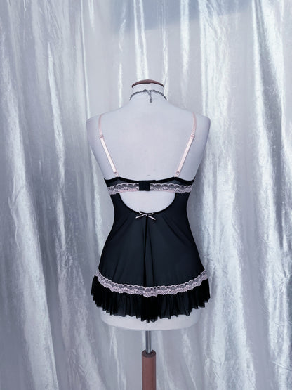Gothic/Coquette mesh black corset top with pink details 🎀🪽