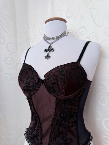 00’s whimsygoth brown corset top with mesh & embroidered detail 🐌🧚🏾