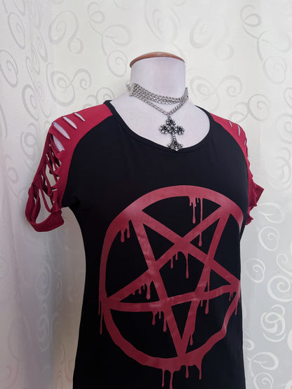 Gothicana pentagram print Tee with ripped shoulders 💀