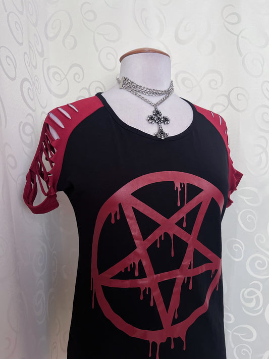 Gothicana pentagram print Tee with ripped shoulders 💀