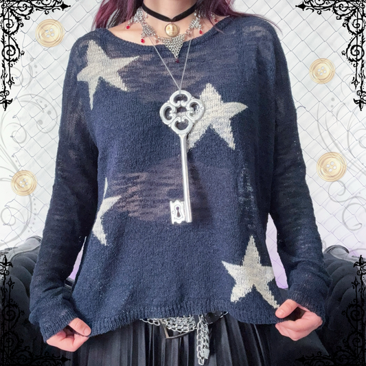 Coraline-style blue light sweater with stars 🗝 ⚉ 🪡 🐈‍⬛