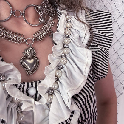 00’s Sweeney Todd/circus core striped ruffle top with beaded details 🌀🎪