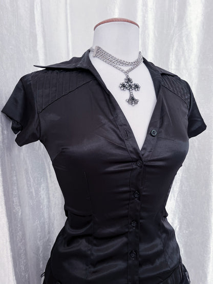 Dark coquette silky black top 🦇🎀