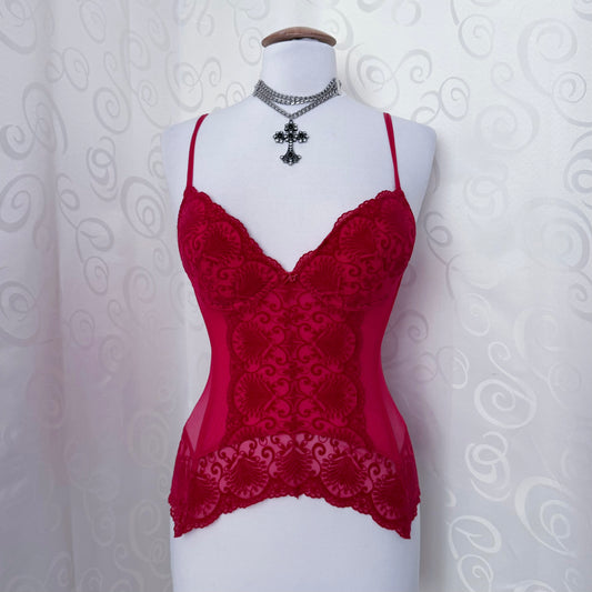 Coquette H&M pink mesh corset top with embossed velvet details 🎀