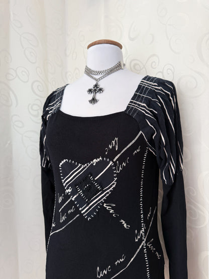 00’s patchwork & stitches heart top with puff sleeves 🪡