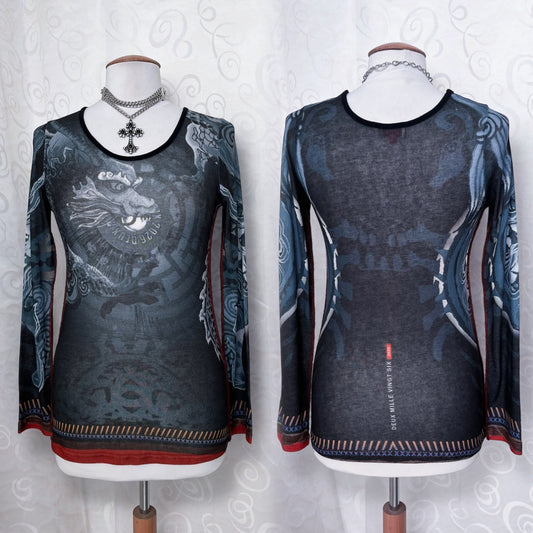 00’s rare dragon sheer top with side stitches🌀🐉🀄️
